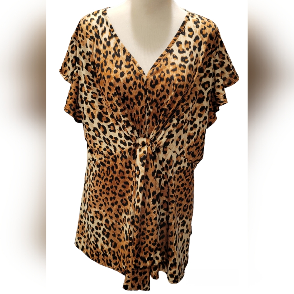 Animal Print Tie Front V-Neck Blouse Women's Size 1X - 2X